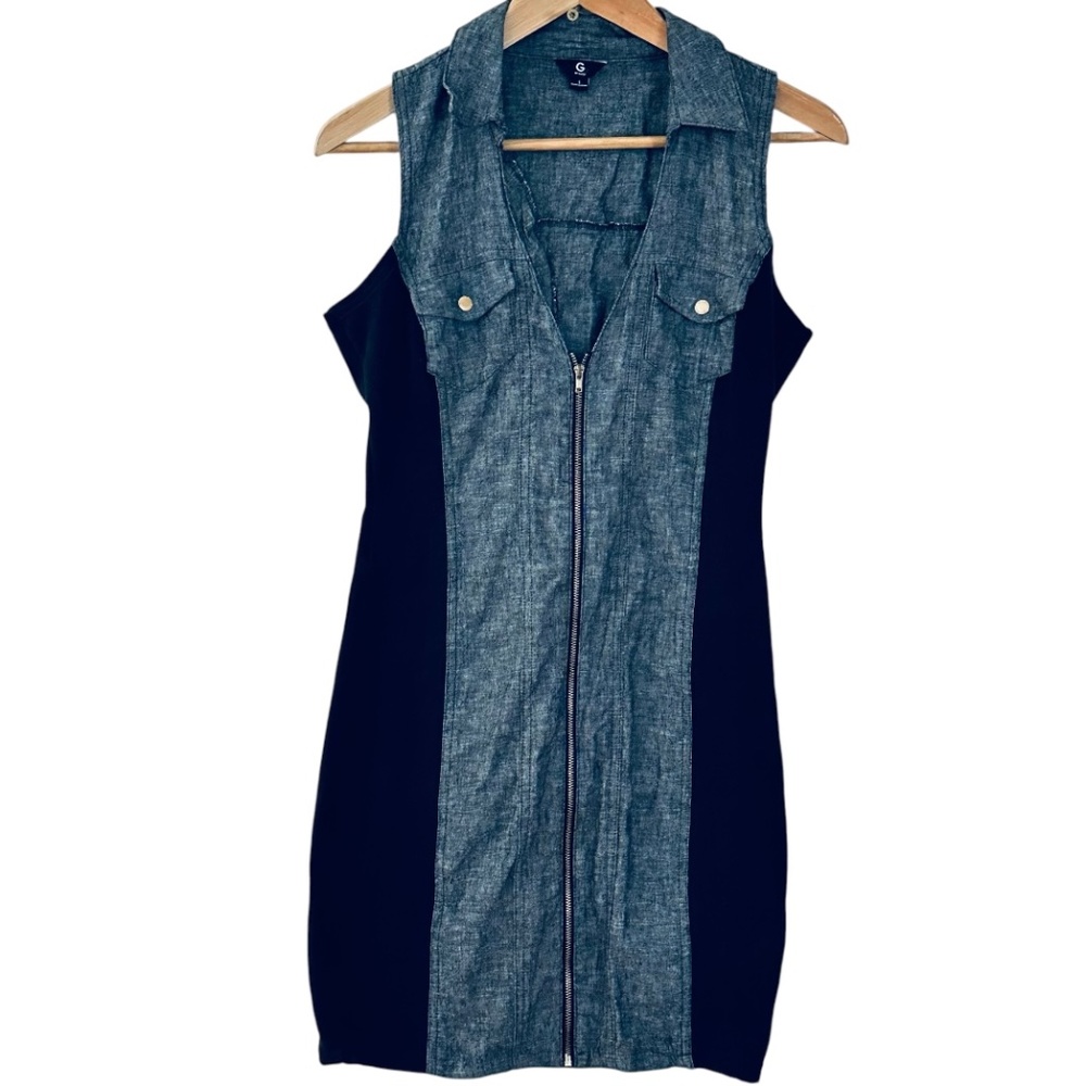 Guess Dress S Short Snap Buttons Black Gray Collar Linen Cotton N